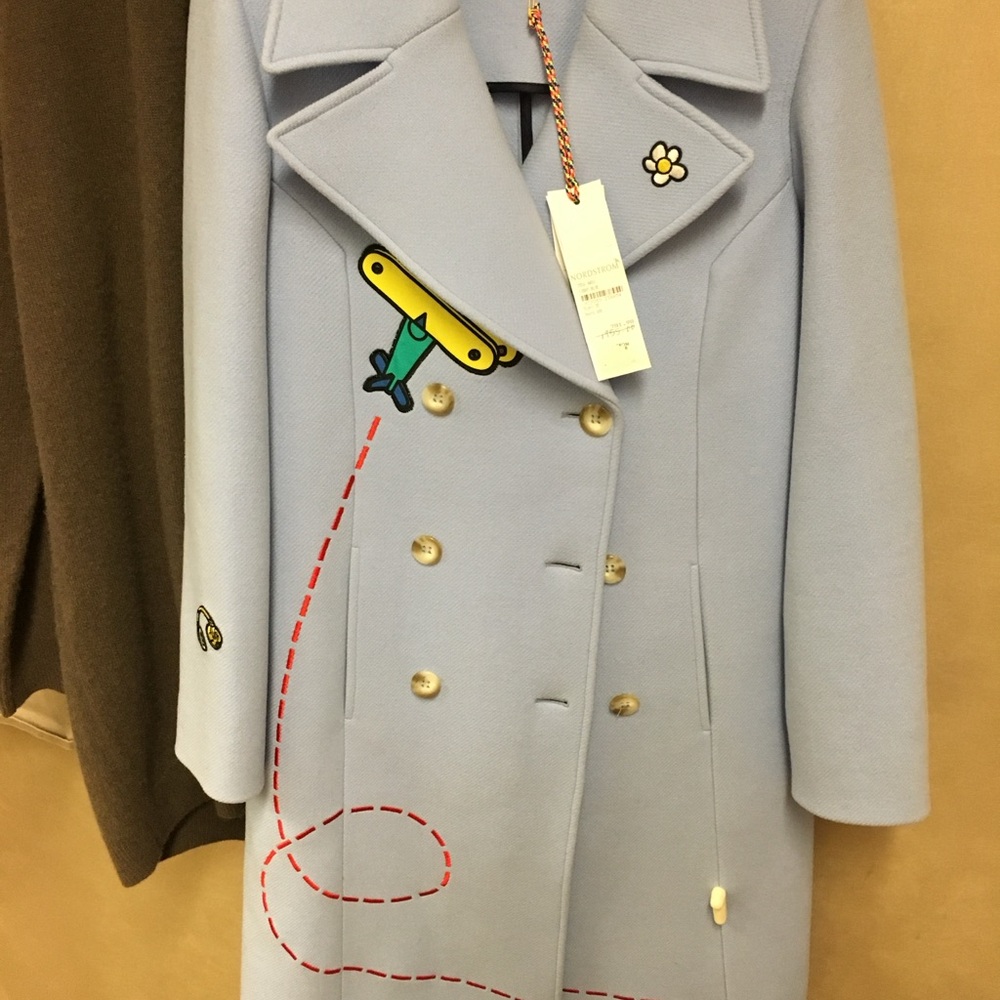 Mira Mikati Blue Pea Coat with Playful Embroidery